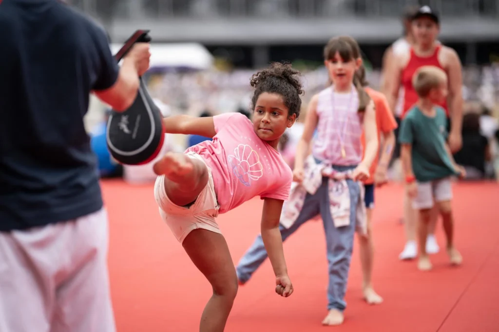 Taekwondo initiation at Club France, Grande Halle de la Villette, Paris, August 9, 2024. LAURIN AMELIE / KMSP via AFP